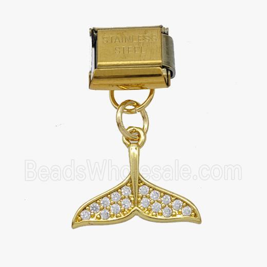Stainless Steel Element For Module Bracelet With Copper Shark-tail Pendant Pave Zirconia Gold Plated