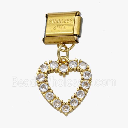 Stainless Steel Element For Module Bracelet With Copper Heart Pendant Pave Zirconia Gold Plated