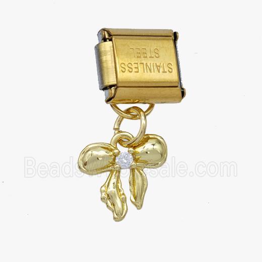 Stainless Steel Element For Module Bracelet With Copper Bow Pendant Pave Zirconia Gold Plated