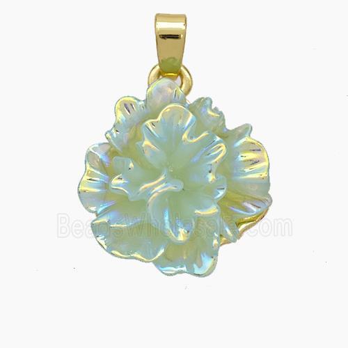 Resin Flower Pendant Green AB-Color Gold Plated