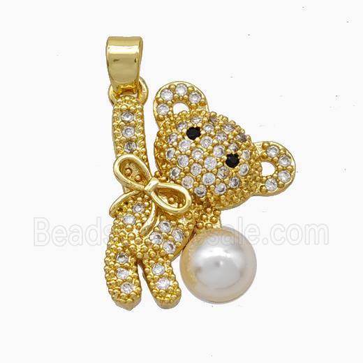 Copper Bear Pendant Pave Pearlized Resin Zirconia Gold Plated