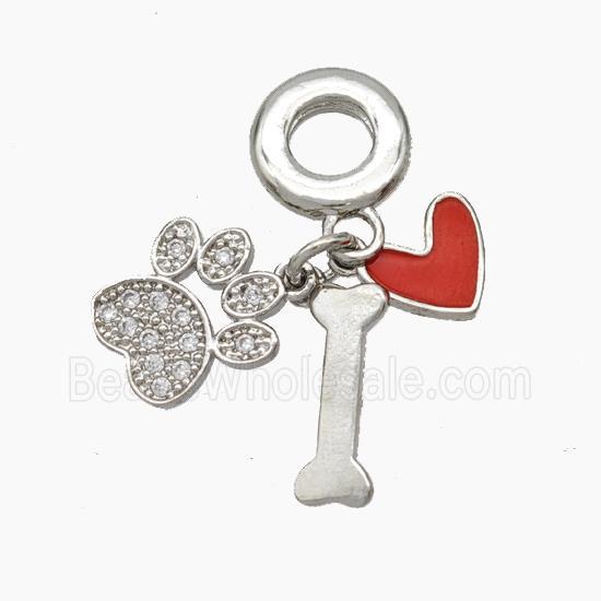 Copper Dogbone Paw Heart Pendant Pave Zirconia Red Enamel Platinum Plated
