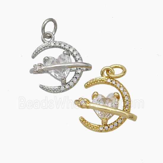 Copper Moon Pendant Pave Zirconia Heart Mixed