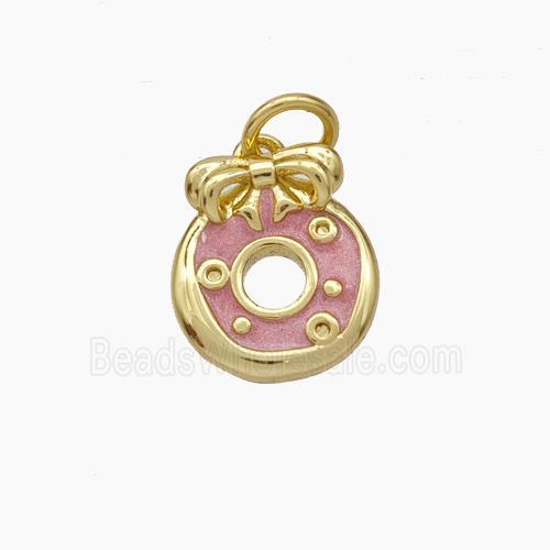 Copper Donut Pendant Pink Painted Bow Gold Plated