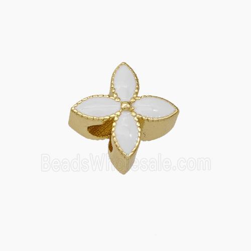 Copper Clover Beads White Enamel Large Hole Gold Plated