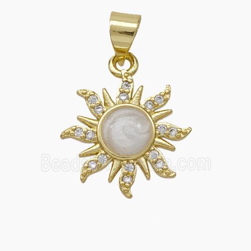 Copper Sun Pendant Pave Zirconia White Enamel Gold Plated