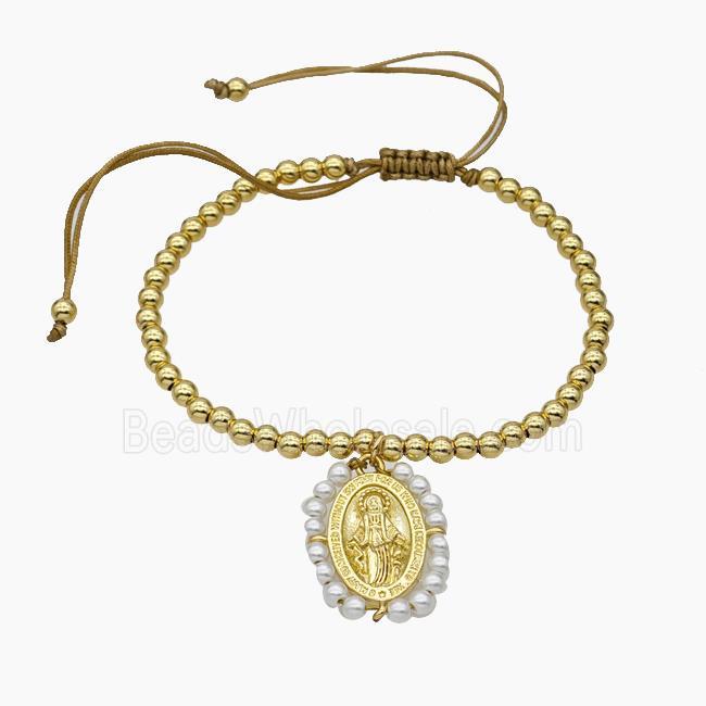 Copper Bracelet With Jesus Pave Pearlized Resin Adjustable Gold Plated