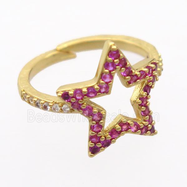 copper Rings pave zircon, resizable, star, gold plated