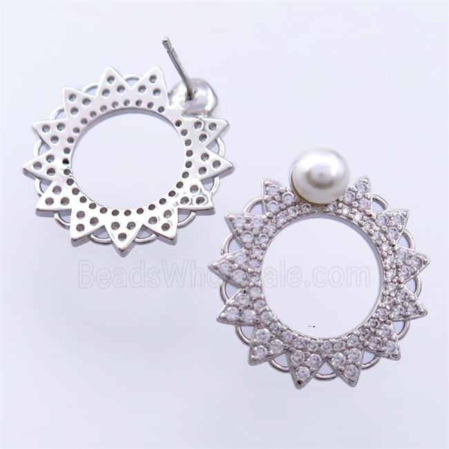 copper Studs Earrings pave zircon, platinum plated