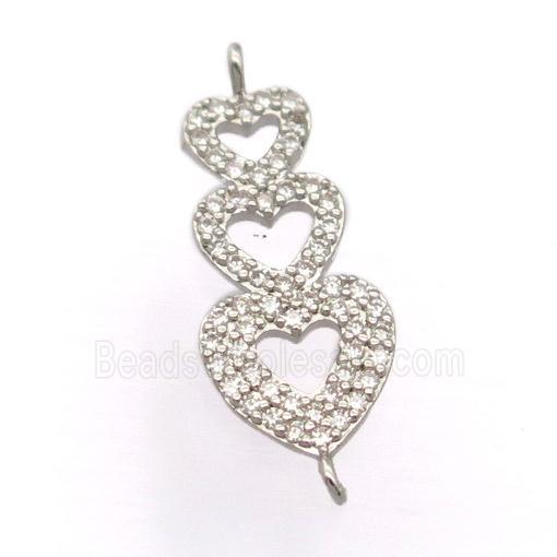 copper heart connector pave zircon, platinum plated