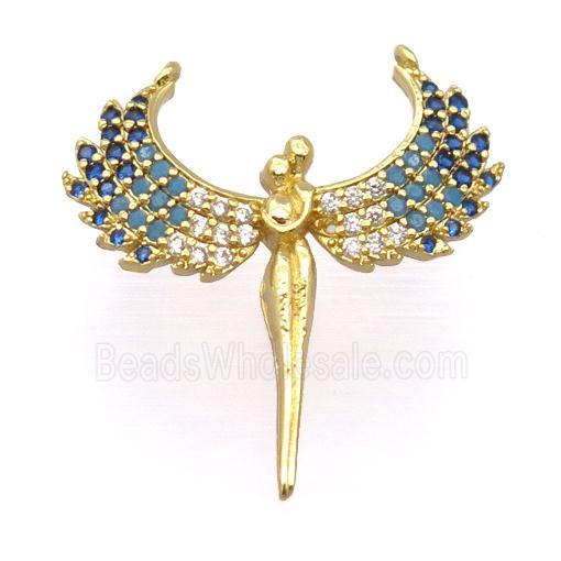 copper pendant pave zircon, angel wings, gold plated
