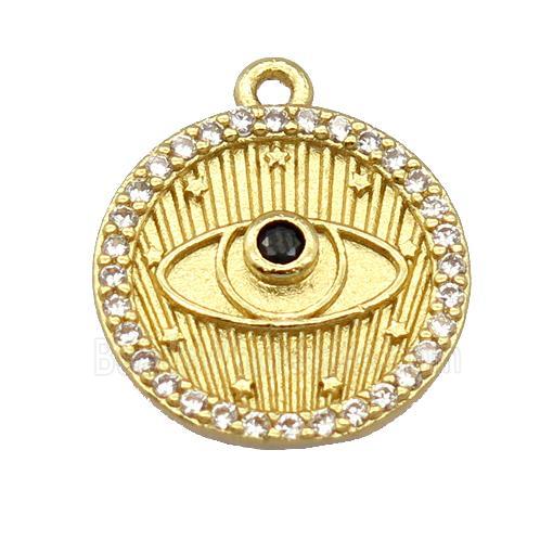 copper circle pendant pave zircon, eye, gold plated