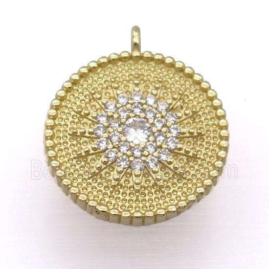 copper circle pendant pave zircon, gold plated