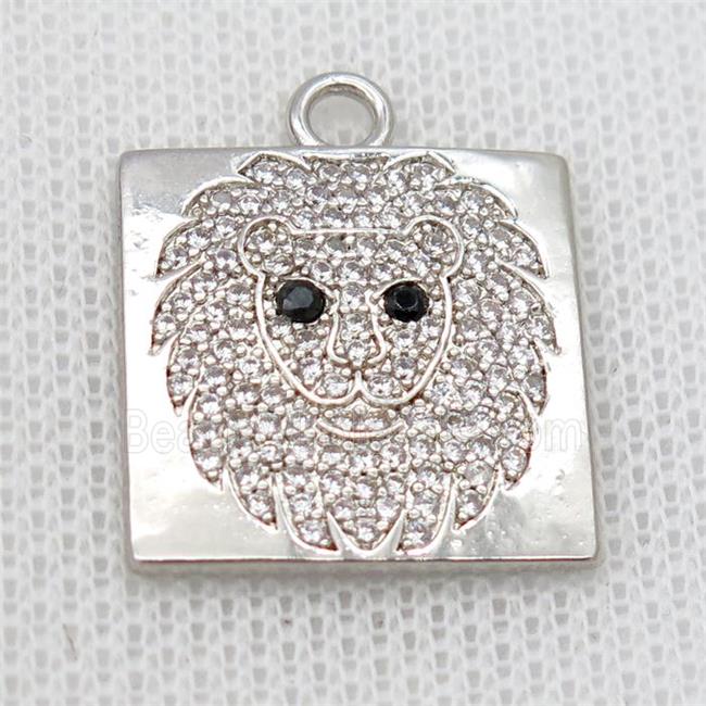 copper square pendant pave zircon, lionHead, platinum plated