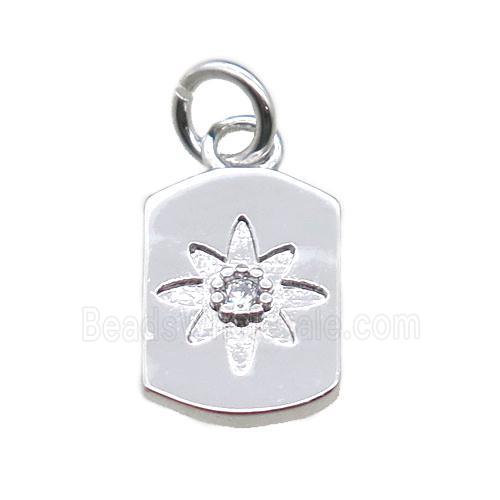 copper rectangle pendant paved zircon with flower, platinum plated