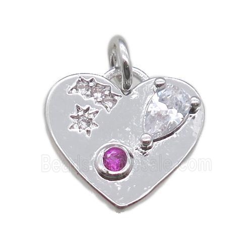 copper heart pendant paved zircon, platinum plated
