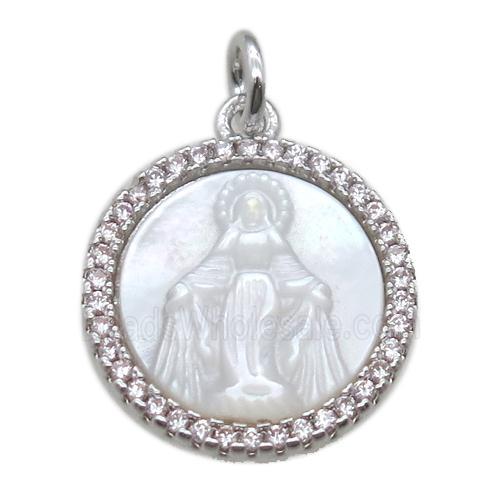 copper circle pendant pave zircon with shell virgin mary, platinum plated