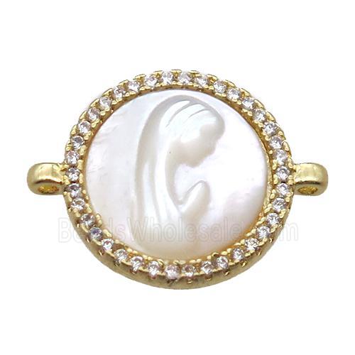 copper circle conector pave zircon with shell virgin mary, gold plated