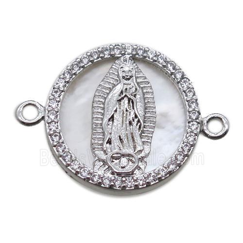 copper circle connector pave zircon with shell virgin mary, platinum plated