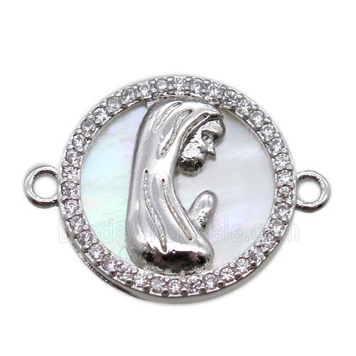 copper circle connector pave zircon with shell virgin mary, platinum plated