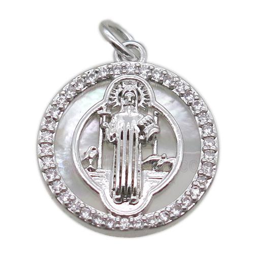 copper circle pendant pave zircon with shell virgin mary, platinum plated