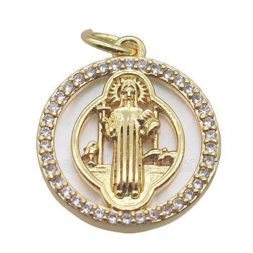 copper circle pendant pave zircon with shell virgin mary, gold plated