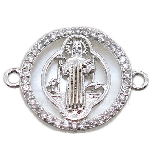 copper circle connector pave zircon with shell virgin mary, platinum plated