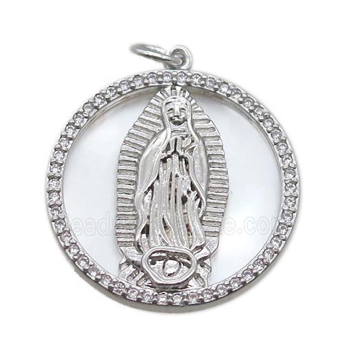 copper circle pendant pave zircon with shell virgin mary, platinum plated