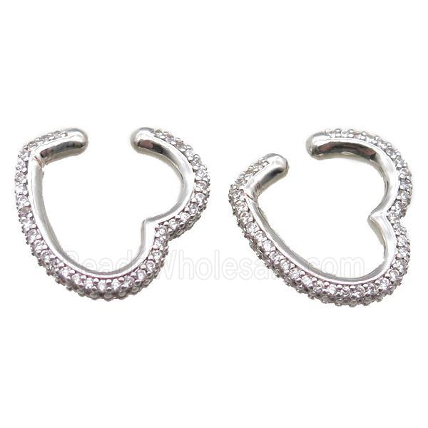 copper clip earring paved zircon, heart, platinum plated