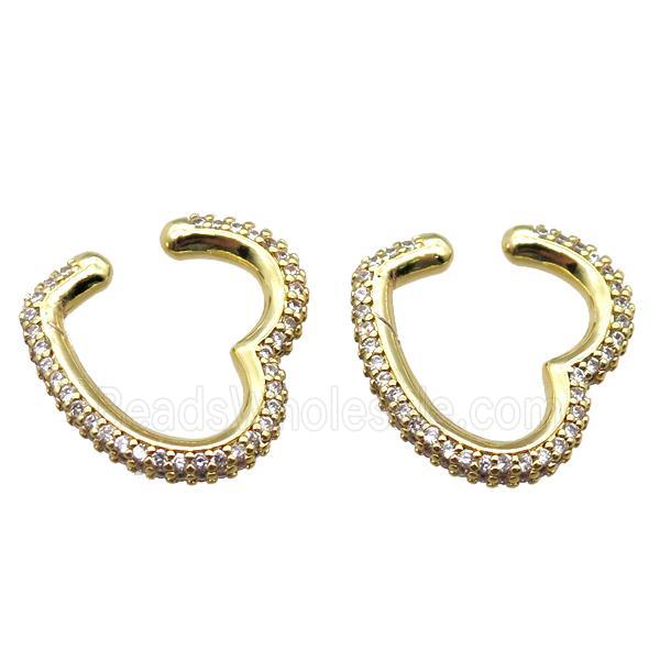 copper clip earring paved zircon, heart, gold plated