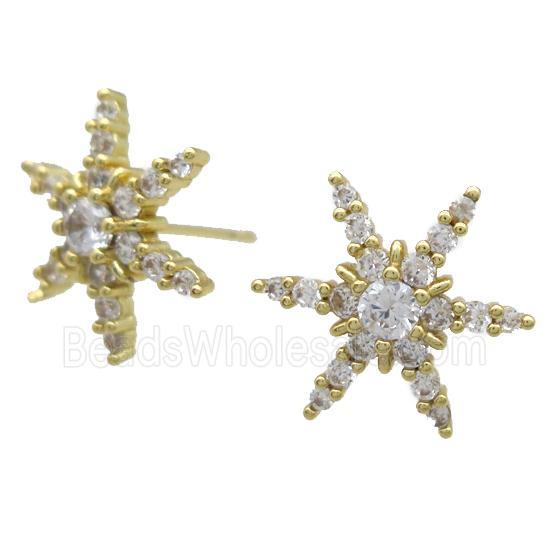 copper Studs Earrings paved zircon, snowflake, gold plated
