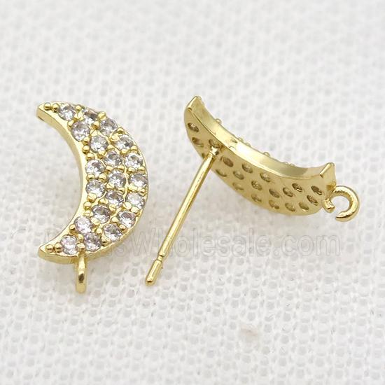 copper Studs Earrings paved zircon, moon, gold plated