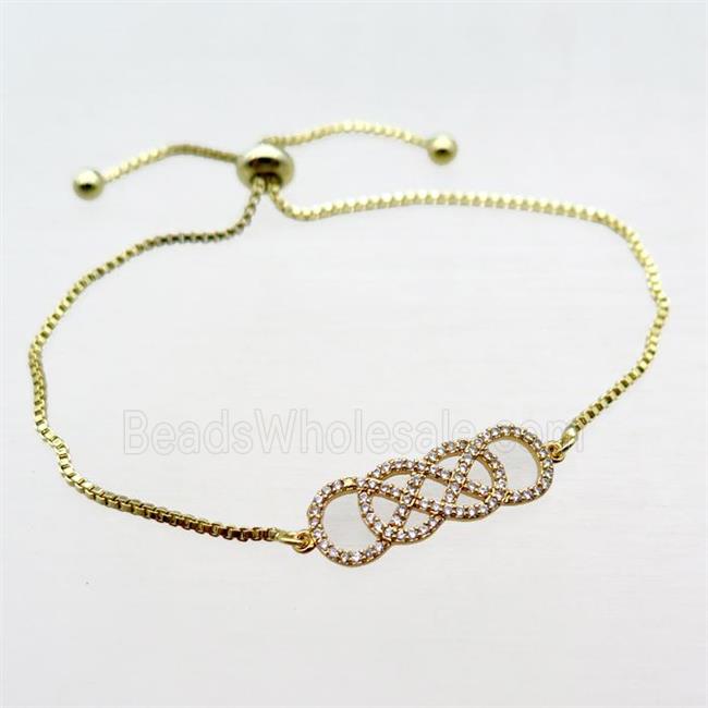 copper bracelet paved zircon, infinity, gold plated, Adjustable