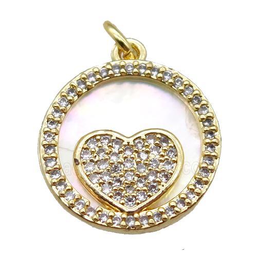 copper circle heart pendant paved zircon, gold plated, shell backing