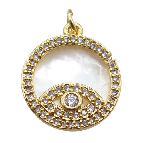 copper circle eye pendant paved zircon, gold plated, shell backing