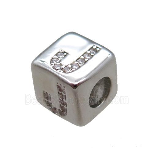 copper cube letter-J beads pave zircon, platinum plated