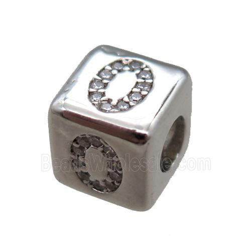 copper cube letter-O beads pave zircon, platinum plated