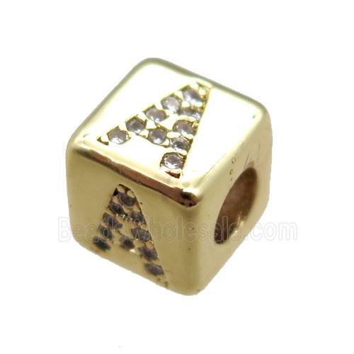 copper cube letter-A beads pave zircon, gold plated