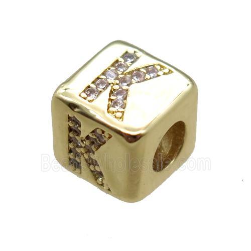 copper cube letter-K beads pave zircon, gold plated