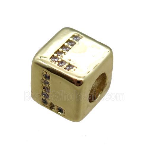 copper cube letter-L beads pave zircon, gold plated