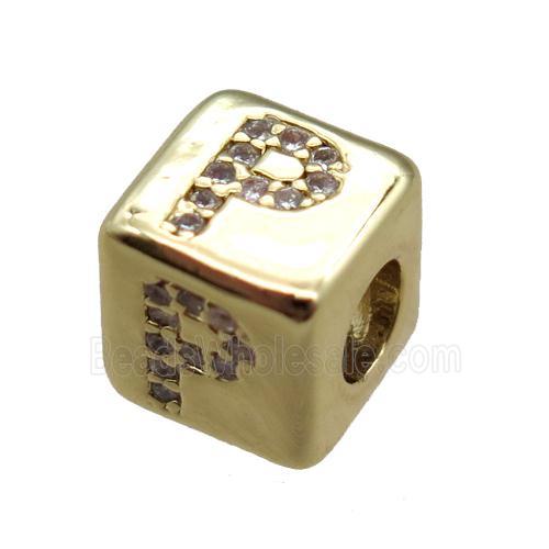 copper cube letter-P beads pave zircon, gold plated