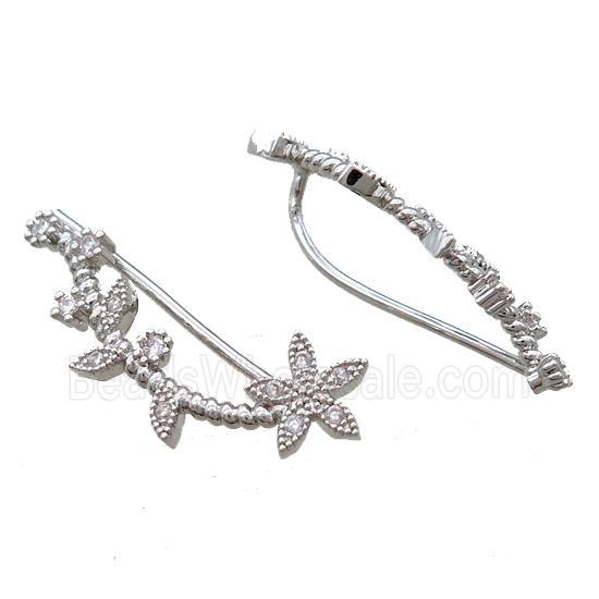 copper hook Earring paved zircon, flower, platinum plated