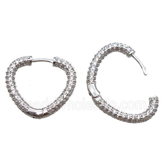 copper Latchback Earrings pave zircon, heart, platinum plated