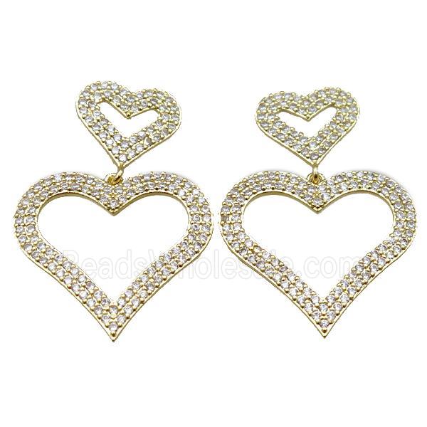 copper stud Earrings pave zircon, heart, gold plated