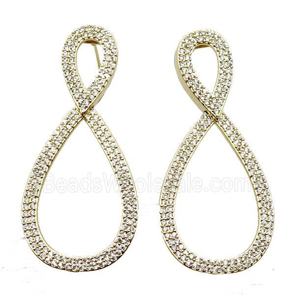copper stud Earrings pave zircon, infinity, gold plated