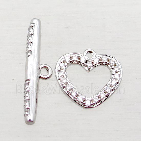 copper toggle clasp paved zircon, heart, platinum plated