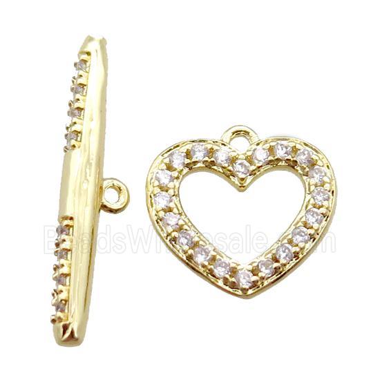 copper toggle clasp paved zircon, heart, gold plated