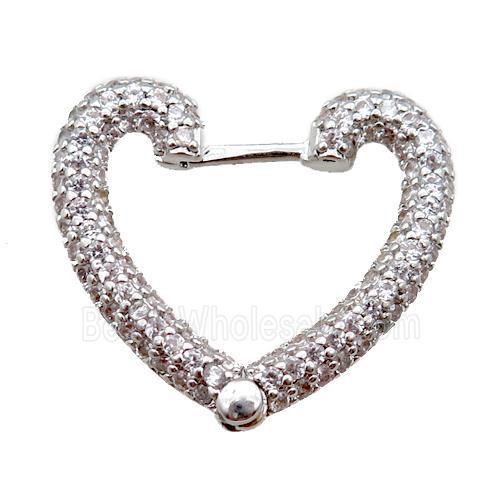 copper Latchback Earrings pave zircon, heart, platinum plated
