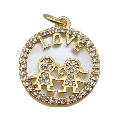 copper circle pendant paved zircon, couple, shell backing, gold plated