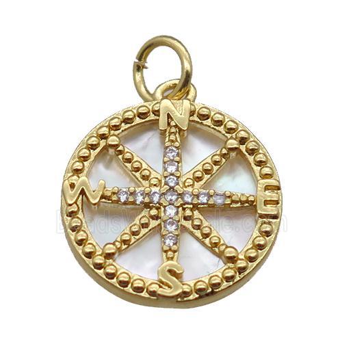 copper circle pendant paved zircon, compass, shell backing, gold plated
